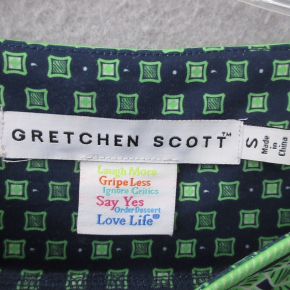 Gretchen Scott Dress Small Green Navy Medallion Tunic Shift Geometric Flip Cuff - Picture 4 of 8